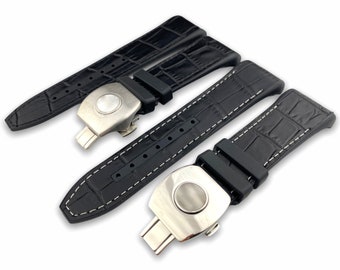 Top-Qualität 28mm Schwarz / Schwarz mit weißen Stichen Gummi-Lederarmband Band passend für FRM Vanguard V45 Uhren Uhrenschließe