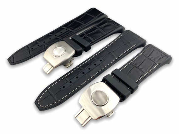 Top Quality 28mm Black / Black with White Stitches Rubber-Leather Strap Band fit FRM Vanguard V45 watches Clasp Buckle