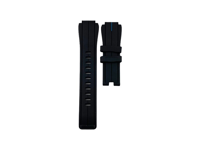 May include: Black rubber watch strap with a blue stripe. The strap has a textured design and is compatible with watches that use a standard 22mm lug width.