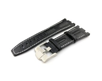 28mm Black with White Stitching Genuine Leather Strap Band fit AP Royal Oak Offshore BUCKLE