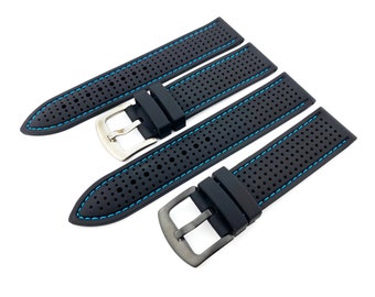 20 mm 22 mm 24 mm Bracelet en caoutchouc silicone respirant noir-bleu sport plongée course argent/noir boucle + outil et épingles