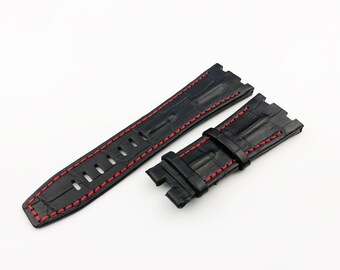 28mm Black with Red Stitching Genuine Leather Strap Band fit AP Royal Oak Offshore BUCKLE
