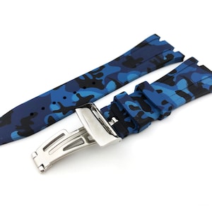 28mm Camouflage Blue Rubber Silicone Strap Band fit AP Royal Oak Offshore Deployment Clasp
