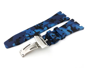 28mm Camouflage Blue Rubber Silicone Strap Band fit AP Royal Oak Offshore Deployment Clasp
