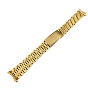 May include: A gold-tone watch band with a fine mesh design. The band is made of metal and has a polished finish.