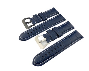 Bracelet en cuir véritable bleu marine/blanc pour montres PAN OFF 22 mm 24 mm 26 mm Boucle épingles noires ou argentées et outil