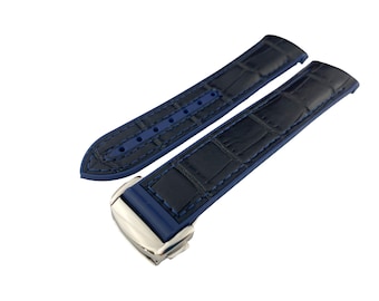 20mm 22mm Black-Navy Blue Leather/Rubber Silicone Strap Band fits OMG SeaMaster PlanetOcean Watches Deployment Clasp/Buckle + Pind/Tool