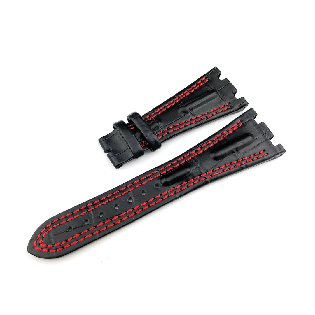 Bracelet De Montre Cuir Véritable 24 Mm - Noir Lisse - Boucle Pré-V - Neuf