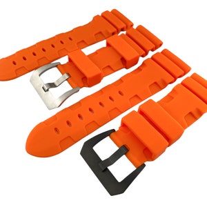 May include: Three orange silicone watch straps with different buckle styles. The straps have a textured design and are suitable for a variety of watch styles.