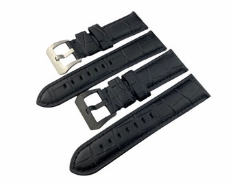 Black Genuine Leather Strap Band fit PAN OFF Watches 22mm 24mm 26mm Buckle Black or Silver Pins and Tool
