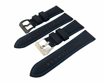 Bracelet en toile noir avec surpiqûres bleues pour montres PAN OFF 22 mm 24 mm 26 mm Boucle Épingles et outil noirs ou argentés