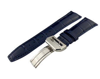 Cinturino/cinturino con estremità curva in vera pelle blu navy da 22 mm, adatto per orologi I-C, fibbia/fermaglio + perni e attrezzo