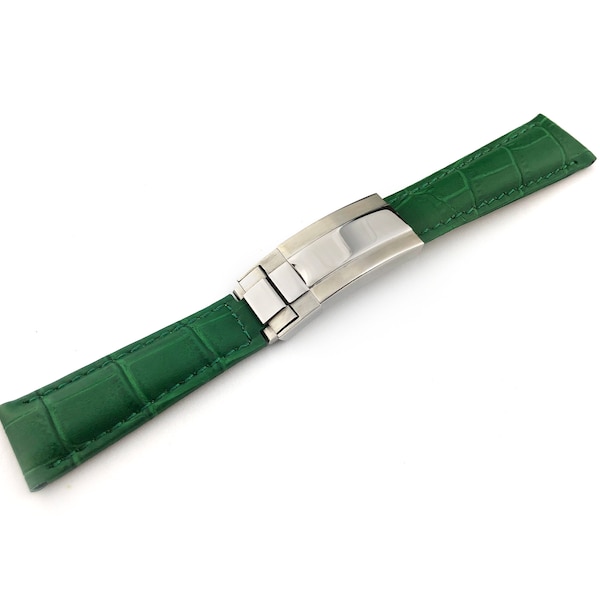 Green 20/16mm Leather Strap/Band fits RLX watches Clasp + Pins  Daytona YachtMaster  Sunmariner Datejust Milgauss DayDate