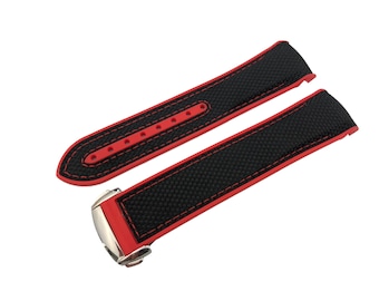 20mm 22mm Black/Red Fabric/Rubber Silicone Strap Band fits OMG SeaMaster PlanetOcean Watches Deployment Clasp/Buckle + Pind/Tool