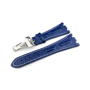 28mm Blue/White Genuine Leather Strap Band fit AP Royal Oak Offshore watches Deployment Clasp