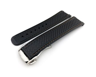 20 mm Schwarz mit orangefarbenen Nähten Silikonarmband Band passend für OMG Aqua Terra Uhren Faltschließe Alle Farben + Pind/Werkzeug