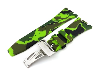 28mm Camouflage Green Rubber Silicone Strap Band fits AP Royal Oak Offshore Deployment Clasp