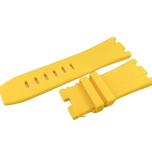 May include: A yellow rubber watch strap with a buckle. The strap has a textured surface and is designed for a watch with a lug width of 22mm.