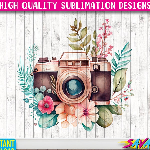Vintage Sublimation Designs and Downloads | Retro-Inspired PNGs, Clipart, and Shirt Designs, Camera with Flowers photography design