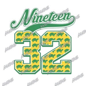 May include: A graphic design featuring the word "Nineteen" in green script above the number "32". The number is outlined in green and filled with a yellow pattern of green turtles. The design is on a white background.