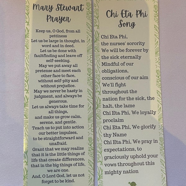 Chi Eta Phi Song & Mary Stewart Prayer Bookmark | Chi Eta Phi Sorority | Chi Eta Phi Gifts | Nurse Gifts