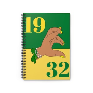 May include: A green and yellow spiral notebook with the numbers "19" and "32" printed on it. A hand with yellow fingernails is shown making a gesture.
