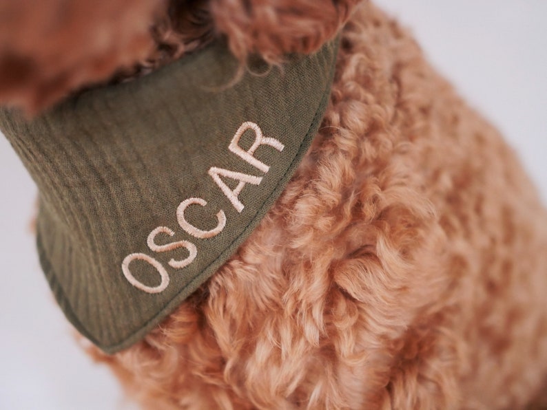 Personalizable dog scarf with name khaki green, muslin image 1