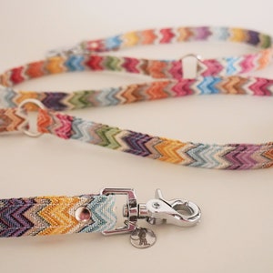 May include: A colorful dog leash with a zig-zag pattern in shades of pink, red, orange, yellow, green, blue, and purple. The leash has a silver clip and two silver rings.
