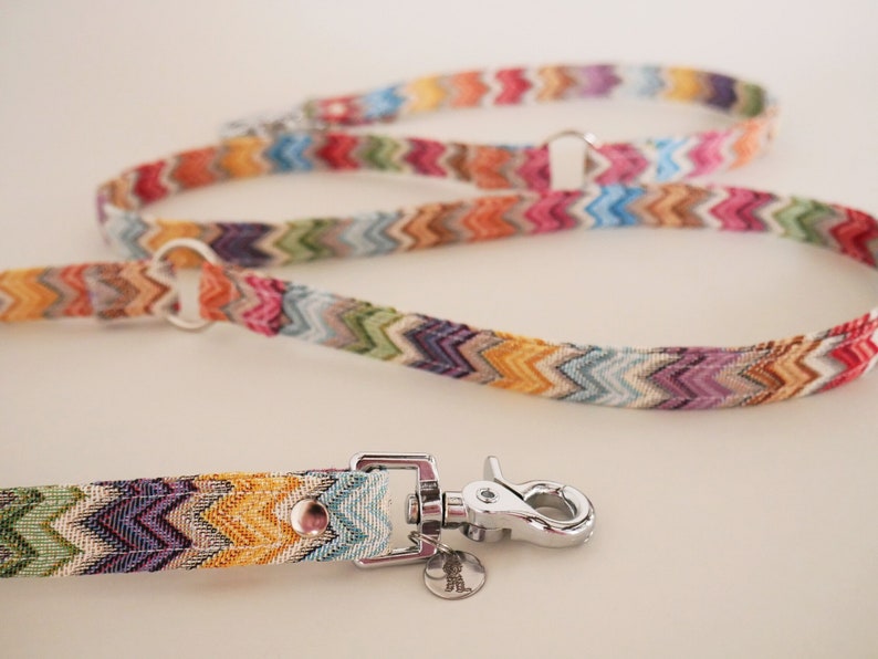 May include: A colorful dog leash with a zig-zag pattern in shades of pink, red, orange, yellow, green, blue, and purple. The leash has a silver clip and two silver rings.