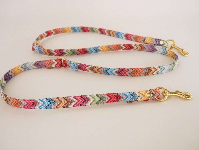 May include: A colorful zig-zag patterned dog leash with gold hardware and two clips.