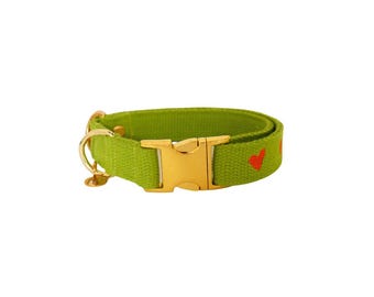 Hundehalsband Cotton Limettengrün bestickte Blumen, Herzen, Zitronen, Pfirsiche, Croissants