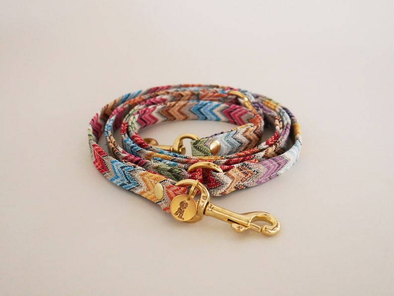 May include: A colorful dog leash with a chevron pattern and a gold metal clasp. The leash is made of woven fabric and has a  "Small" tag.