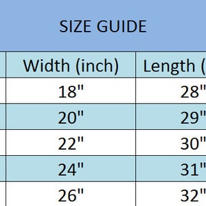 May include: Size chart showing width and length measurements in inches for sizes S, M, L, XL, and 2XL.