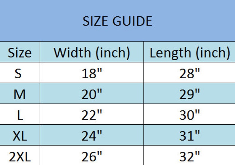 May include: Size chart showing width and length measurements in inches for sizes S, M, L, XL, and 2XL.