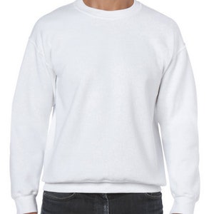 May include: A white crew neck sweatshirt with long sleeves.