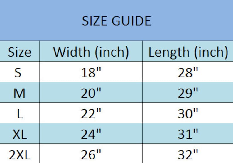 May include: Size chart for clothing with measurements in inches. The chart shows the width and length of clothing in sizes S, M, L, XL, and 2XL.