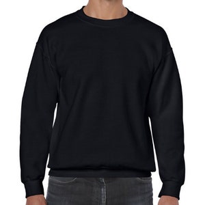 May include: A black crew neck sweatshirt with long sleeves and a ribbed hem.