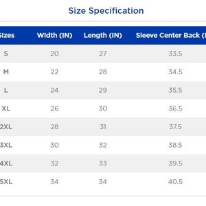 May include: Size chart showing width, length, and sleeve center back measurements in inches for sizes S through 5XL.