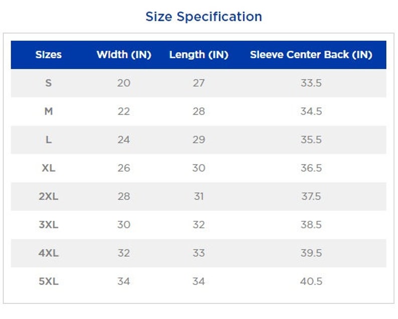 May include: Size chart showing width, length, and sleeve center back measurements in inches for sizes S through 5XL.