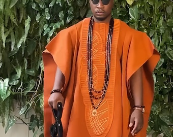 Men's Orange Aso-Oke Agbada for Groom Traditional Wedding: Luxurious African Wedding Attire with Fila