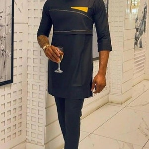 Femi African men kaftan, 2pcs men&#39;s top and pants outfit, Nigeria male outfits, Groomsmen outfit, wedding suit