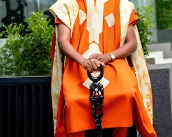 Regal Men's 3 Piece Orange Agbada Set: African Wedding Groom Outfit, Birthday celebration attire,