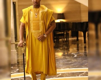 3pcs Yellow Agbada: African Men's Wedding Suit, Traditional Outfit