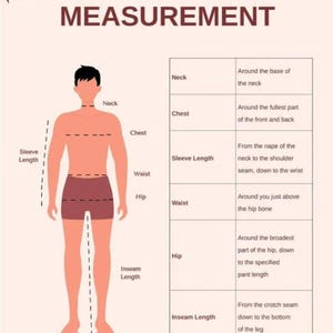 May include: A diagram titled "MALE BODY MEASUREMENT" illustrates a male figure with measurement points: neck, chest, sleeve length, waist, hip, and inseam length. The chart provides instructions on how to measure each body part for clothing.