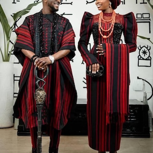 Complete couples African traditional wedding outfit /Couples clothing/Aso Oke/ Couples wedding suit/Women Royalty Gown and 3pcs men Agbada