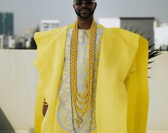 African Men's Agbada 3-Piece Suit: Bayo Wedding Outfit, African Aso oke traditional clothing