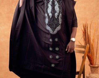 Black African Agbada: 3-Piece Cotton Groom Suit, Wedding Attire