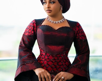 Wine and Black Asooke Gown: Handmade Embroidery, Mermaid Cut, Nigerian Fashion, Engagement Dress