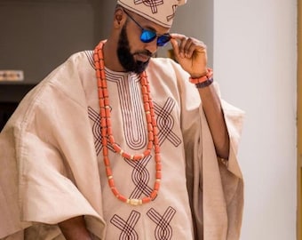 Handmade African Aso-oke Agbada Set: Men's Wedding Suit