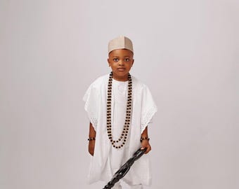 White Yoruba Agbada for Kids: Birthday attire for kids, Nigerian Traditional Outfit with Fila Cap, Party Dress